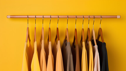 Rack with wooden clothes hangers on yellow background - obrazy, fototapety, plakaty