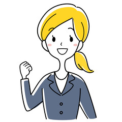 笑顔でガッツポーズをするスーツの女性