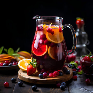 Refreshing berry sangria with apples, oranges and blueberry in a pitcher