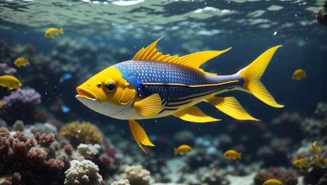 A colorful marine fish with a yellow tail, swimming in sea.

