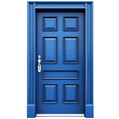 classic framed molded entry blue wooden door isolated on transparent