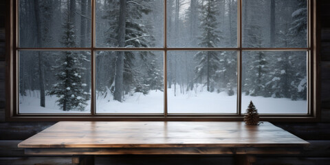 Empty table and window with a winter landscape in background