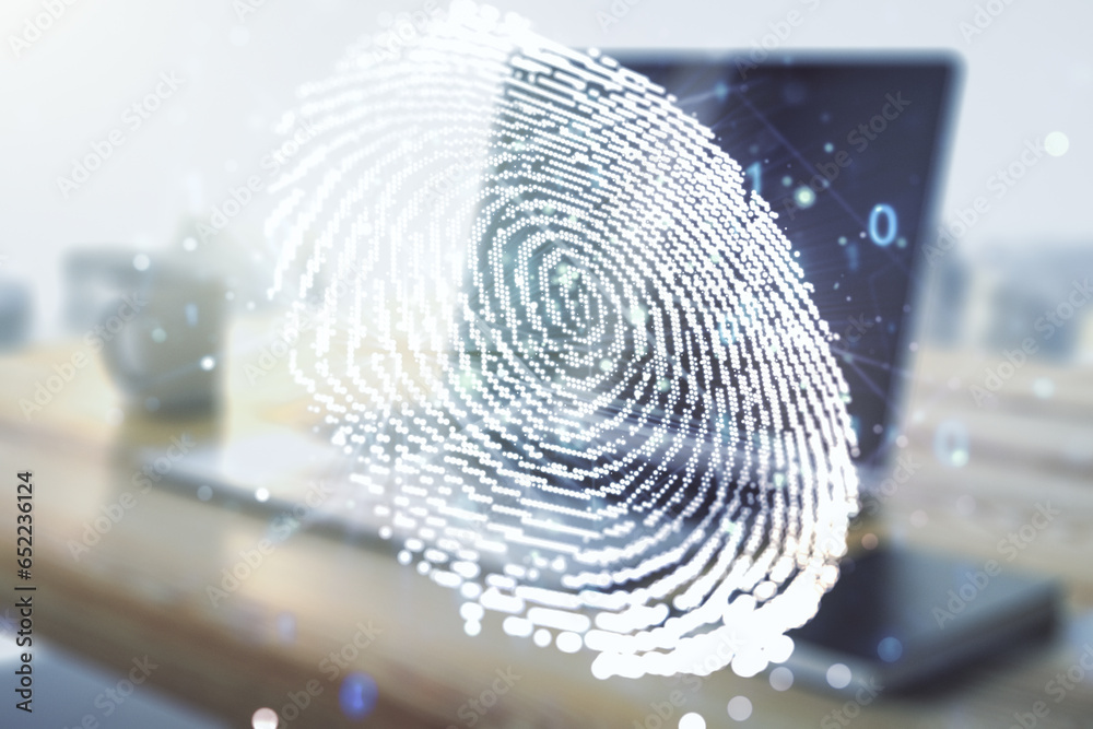 Poster double exposure of abstract creative fingerprint hologram and modern desk with computer on backgroun