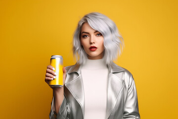 Beautiful white woman with soda can on color background