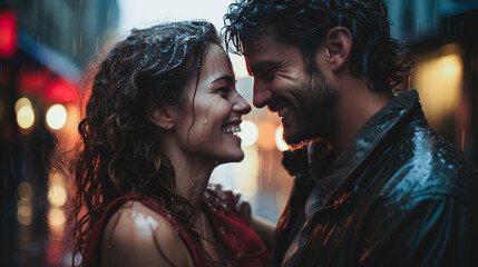 Captivating image displaying a carefree couple dancing in the rain, soaked clothes sticking to...