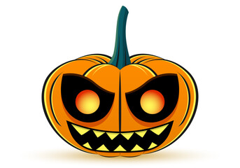 Halloween pumpkin icon with scary face. Cute cartoon pumpkin with horror smile. Holiday banner, celebration card design element. Vector illustration.