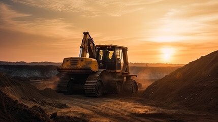 In the waning light of the sunset, an excavator carries out earthmoving operations at a coal open pit, exemplifying the intersection of recycling 