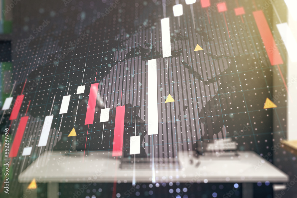 Aufkleber multi exposure of abstract creative financial graph with world map and modern desktop with computer 