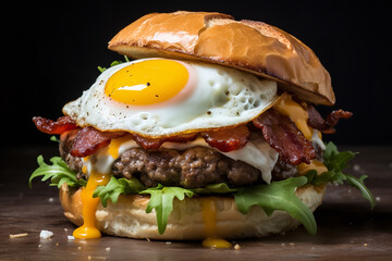 A unique breakfast hamburger features a fried egg on top, creating an exciting fusion of breakfast and lunch - obrazy, fototapety, plakaty