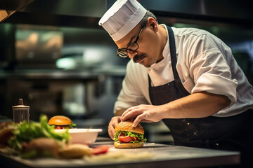 A professional chef carefully assembling a gourmet hamburger in a modern restaurant kitchen with...
