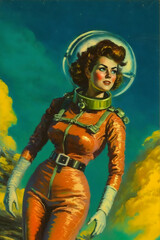 female astronaut in orange spacesuit in retro futurism vintage sci-fi painting