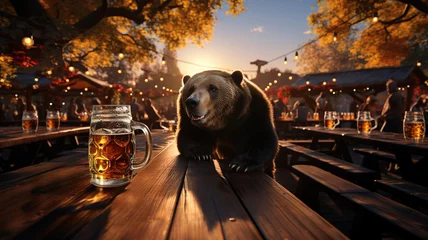 Foto op Canvas Bear Drinking Beer at Oktoberfest, Beer Mugs on Table, People drinking having fun, outdoors. Munich, Germany, Festival Background, Wooden Table Counter in Pub, garden drinking summer early autumn © Syntetic Dreams