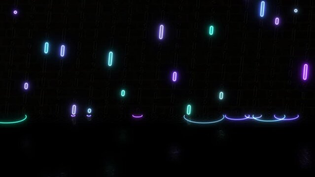 Neon rain. Bright animation signboard, light banner.