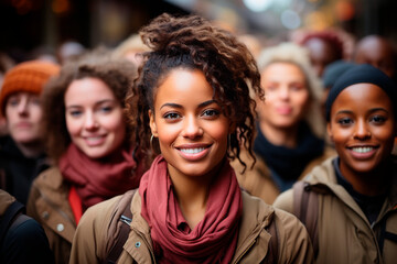 Fototapeta premium Portrait of a smiling young brunette woman with curly hair in the middle of a crowd of people in the street looking at the camera.