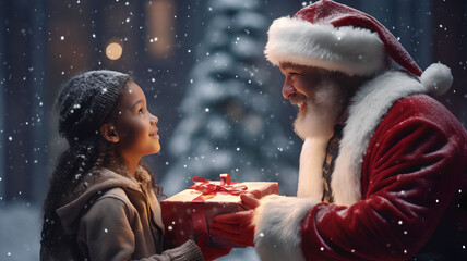 Santa gives a Christmas gift box to a  cute African American little girl