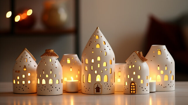 Candle holder shape houses with candles. Coziness home decorations for the Christmas holidays. AI Generative