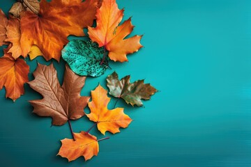 Autumn leaves on blue background. Generative AI