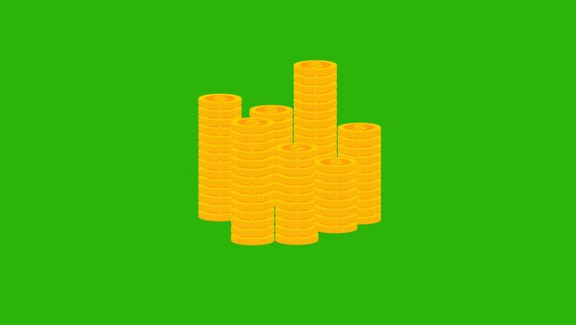  2d animation golden coins stacks on green background 4K economy concept.