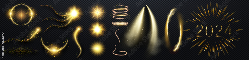 Aufkleber set of golden light flash effects isolated on transparent background. bright gold flashes and glares