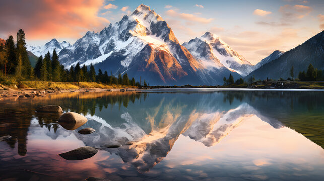 Step into an alpine wonderland with this breathtaking photograph. The image portrays a serene mountain lake surrounded by towering peaks, reflecting the pristine beauty of the natural world.
