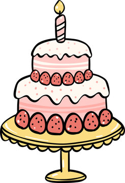 Cute Birthday cake outline doodle cartoon illustration