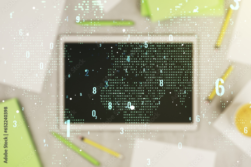 Fototapete double exposure of abstract creative programming illustration with world map and modern digital tabl