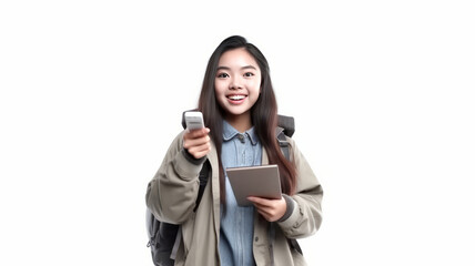 Fototapeta premium happineess cheerful asian adult female teenager backpack casual cloth ready to school.