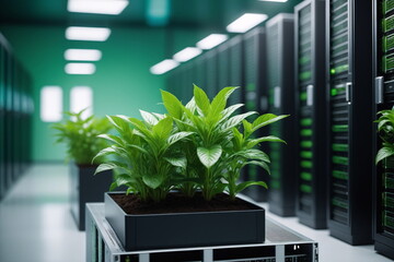 Ein Serverraum, Rechenzentrum, in dem Pflanzen wachsen als Symbol für Green IT