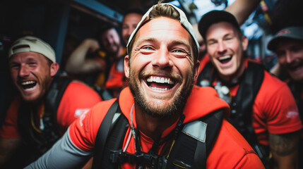 Triumphant fishing team in a genuine moment of camaraderie and achievement at sea, backdropped by a soft palette fishing boat.