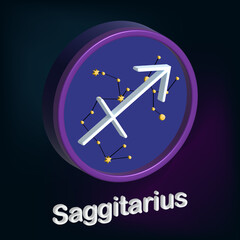 3d illustration, zodiac sign Sagittarius, sign framed in the shape circle, esotericism and astrology. Modern simple design on a dark background.