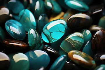 A close up of a bunch of green and black stones. Digital art. - obrazy, fototapety, plakaty