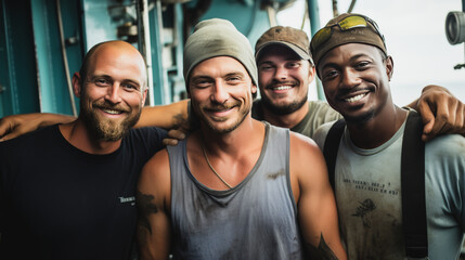 Authentic fishing team beaming with pride and camaraderie after successful day at sea, aglow in natural light against soft focus boat background. - obrazy, fototapety, plakaty