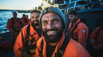 Triumphant fishing team in heartfelt celebration, radiating camaraderie and achievement on a successful day at sea, nestled against the backdrop of a gentle fishing boat. - obrazy, fototapety, plakaty
