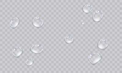Vector water droplets. Droplets, condensation on glass, on various surfaces. Realistic droplets on a transparent isolated background. PNG. - obrazy, fototapety, plakaty