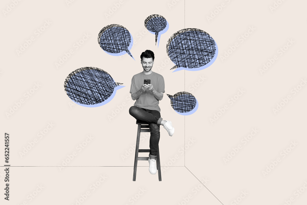 Poster picture collage minimal poster of happy smiling guy sitting chair texting sms send comment isolated 