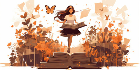 Young woman opening a huge open book surrounding the many flowers, leaves, plants. Back to school, library concept design. Vector illustration, poster and banner Book festival concept - obrazy, fototapety, plakaty