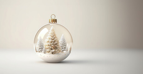 Christmas ball with fit-tree inside on white background. Copy space for text