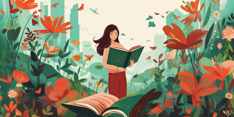 Young woman opening a huge open book surrounding the many flowers, leaves, plants. Back to school, library concept design. Vector illustration, poster and banner Book festival concept