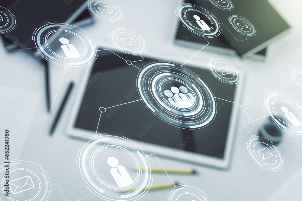 Poster double exposure of social network icons concept and modern digital tablet on background. networking 