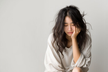Beautiful, stylish young Asian woman in casual white and beige sit, put her head in her hand, eyes closed, feeling sad, depressed, stressed, headache. Self care, mental health disorder and wellbeing - obrazy, fototapety, plakaty