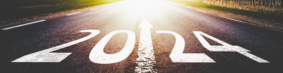 Banner.New year 2024 written on highway.future,work start run line vision concept.Nature landscape road happy new year celebration in the beginning of 2024 for fresh and successful start. - obrazy, fototapety, plakaty