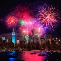 Beautiful fireworks on the view night city.,Ai Generated 
