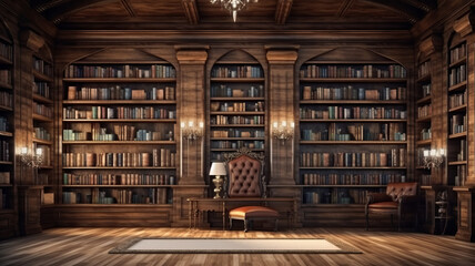 Bookshelves in the library with old books.generative ai