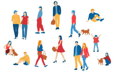 Men, women, teenagers and children standing, walking, sitting, different colors, cartoon character, group  silhouettes rest people, students,  design concept of flat icon, isolated on white background