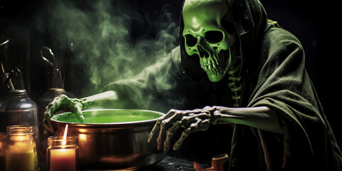Spooky individual in skeleton costume intriguingly stirring a cauldron of mystic green potion, amidst a cold, eerie backdrop perfect for seasonal Halloween creativity. - obrazy, fototapety, plakaty