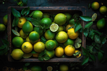 Vintage wicker basket filled with ripe lemons. - obrazy, fototapety, plakaty