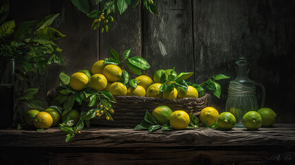 Obraz na płótnie Canvas Vintage wicker basket filled with ripe lemons.
