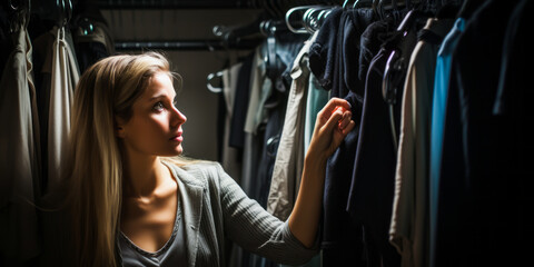 Sophisticated woman exploring dress options in a desaturated, cold-filtered room exuding a sense of freedom and natural simplicity.