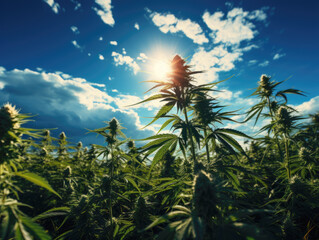In a picturesque scene, marijuana plants stretch toward the vast expanse of the sky, their vibrant green leaves contrasting against the azure backdrop - obrazy, fototapety, plakaty