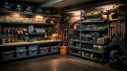 The garage storage shelves are lined with neatly organized automotive tools and supplies.